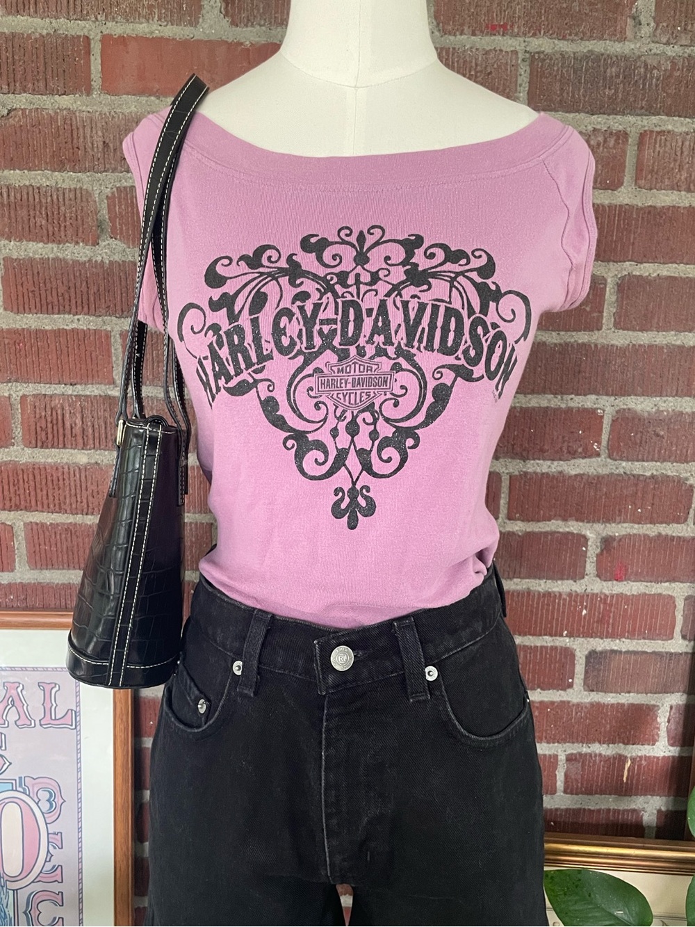 Harley‑Davidson Lilac 2007 Short Sleeve Boatneck Top with Black Graphic